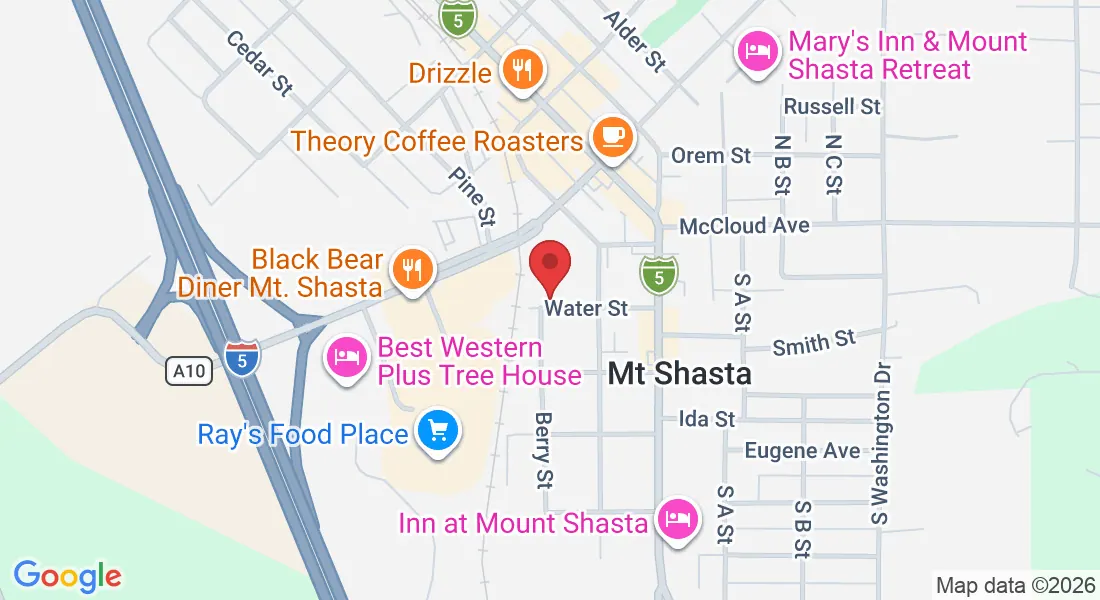 Map of downtown Mt Shasta showing 208 Water St. Opens Google Maps.