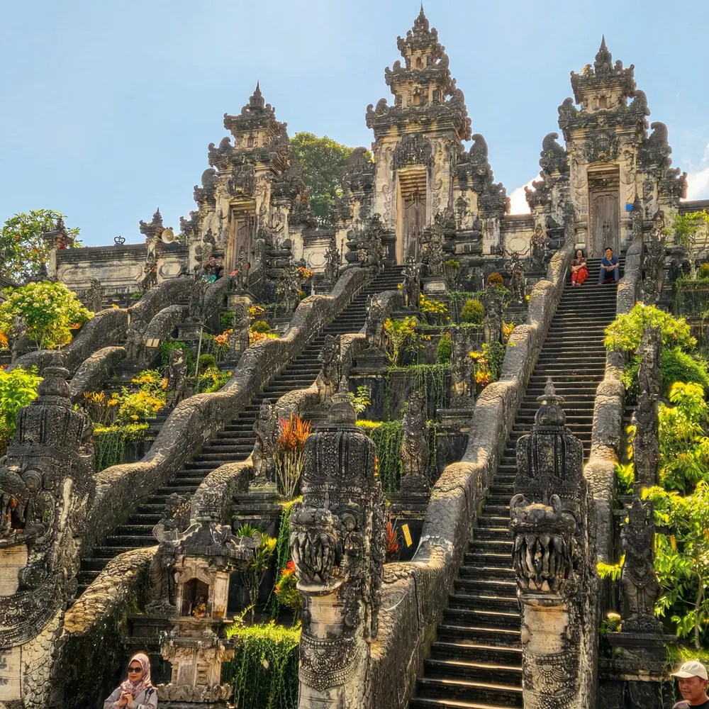 Steep stone stairways of a terraced Balinese temple