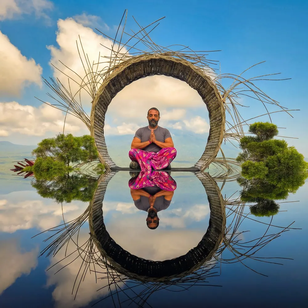 Meditator seated inside a woven circle, reflected in still water