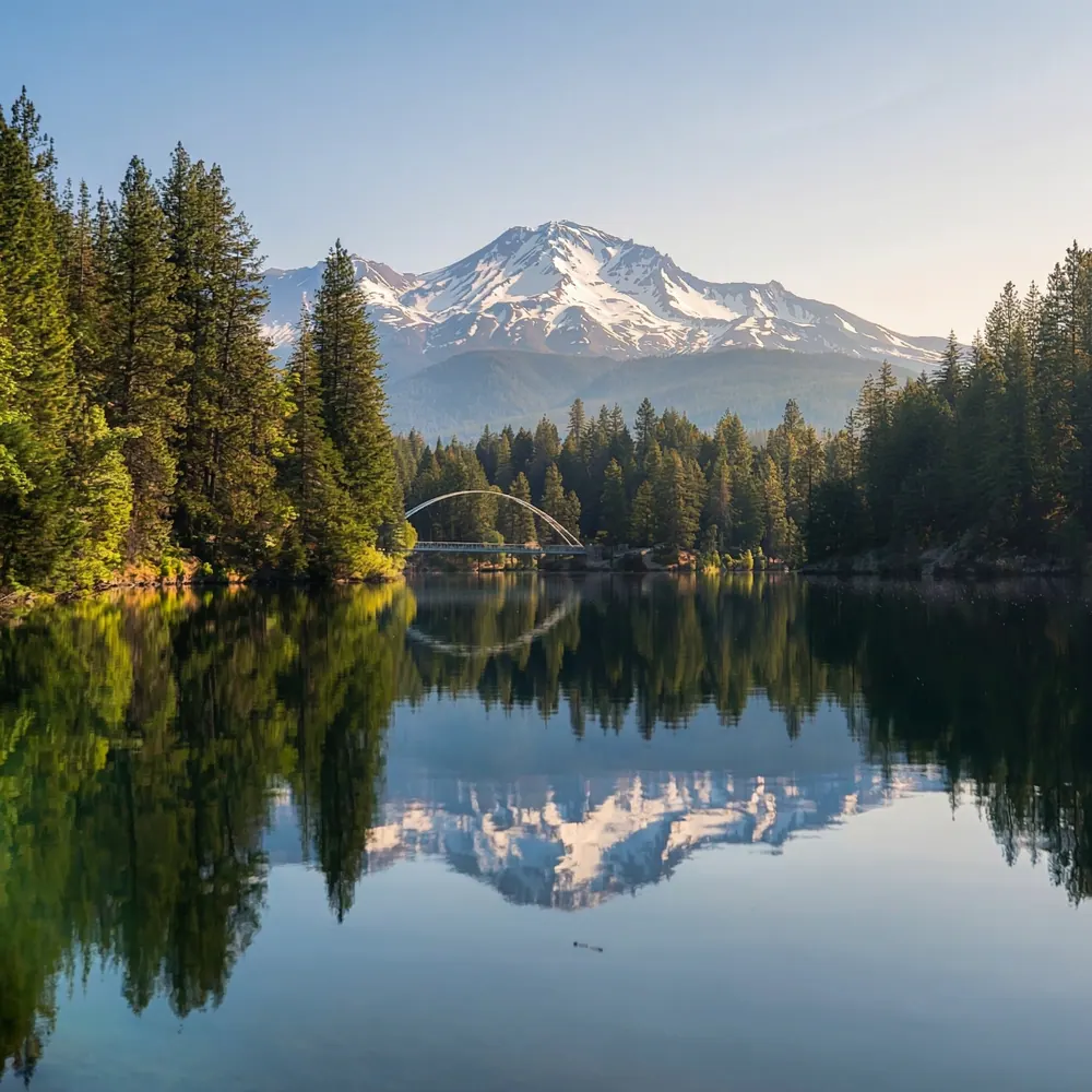 Mt Shasta reflected in a forest lake